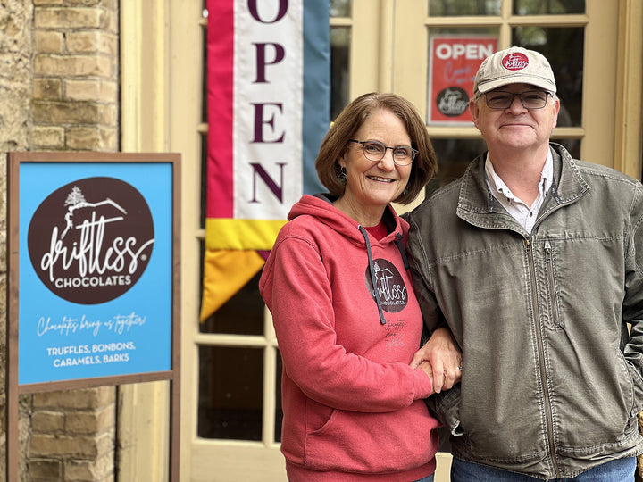 Robyn Kitson and Stan Kitson in front of Driftless Chocolates Shop in the historic Paoli Mill, just a short drive from Madison, Wisconsin between Verona and Belleville in the Driftless Area.