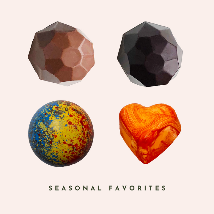 Seasonal Favorites Flavors: Milk Chocolate Peanut Butter Dome, Dark Chocolate Peanut Butter Dome, Malted Milk Modern Malt, Hearts on Fire