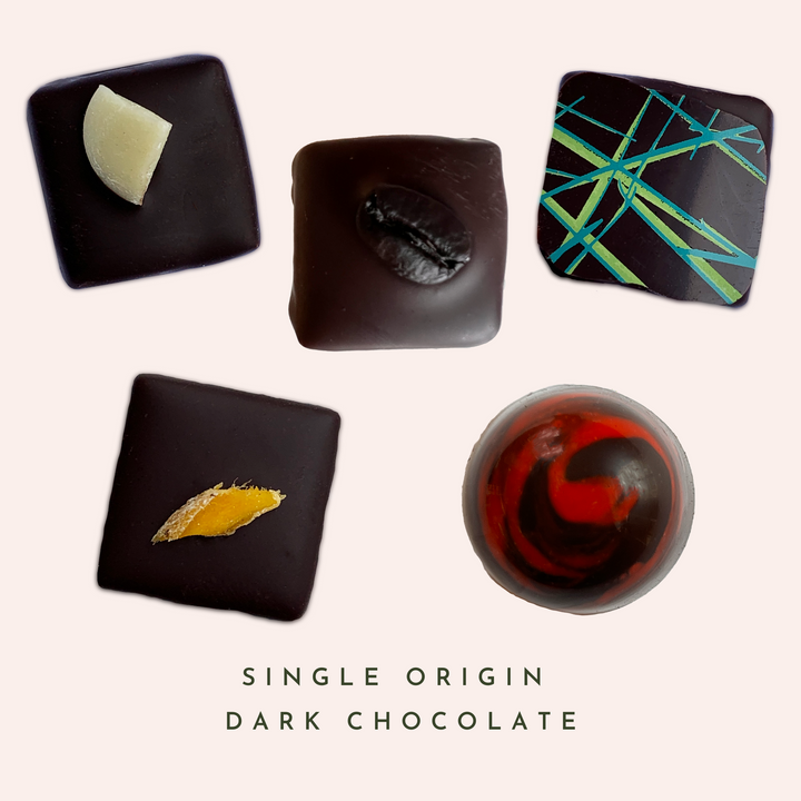 Single Origin Dark Chocolate Flavors - English Breakfast Tea, Espresso, Garden Mint, Mango, Manhattan