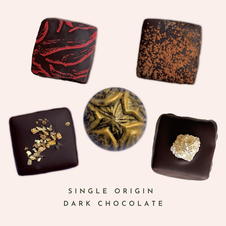 Single Origin Dark Chocolate Flavors - Mexican Heat, Mexican Hot Chocolate, Orange, Passion Fruit, Pomegranate Ginger