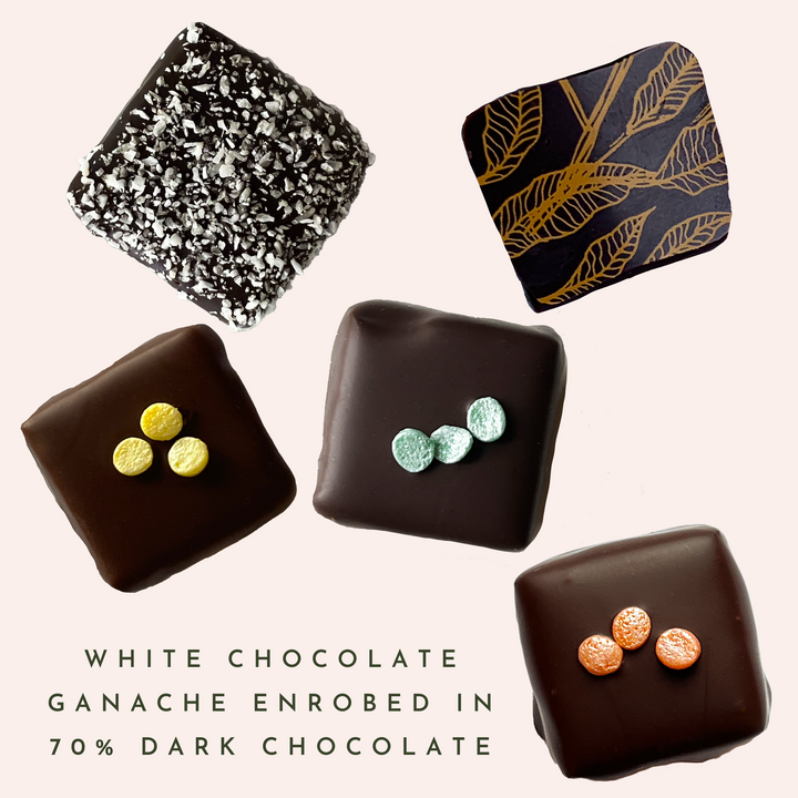 White Chocolate Ganache Enrobed in Dark Chocolate Flavors - Coconut Lime, Horchata, Brandy Alexander, Grasshopper, Pink Squirrel 